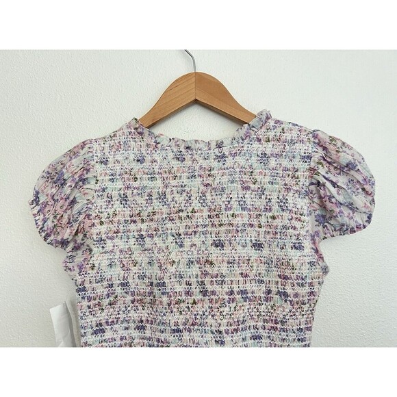 LOVESHACKFANCY Floral Smocked Mini Dress Puff Sleeve Asymmetric Ruffle Coquette - Picture 10 of 13